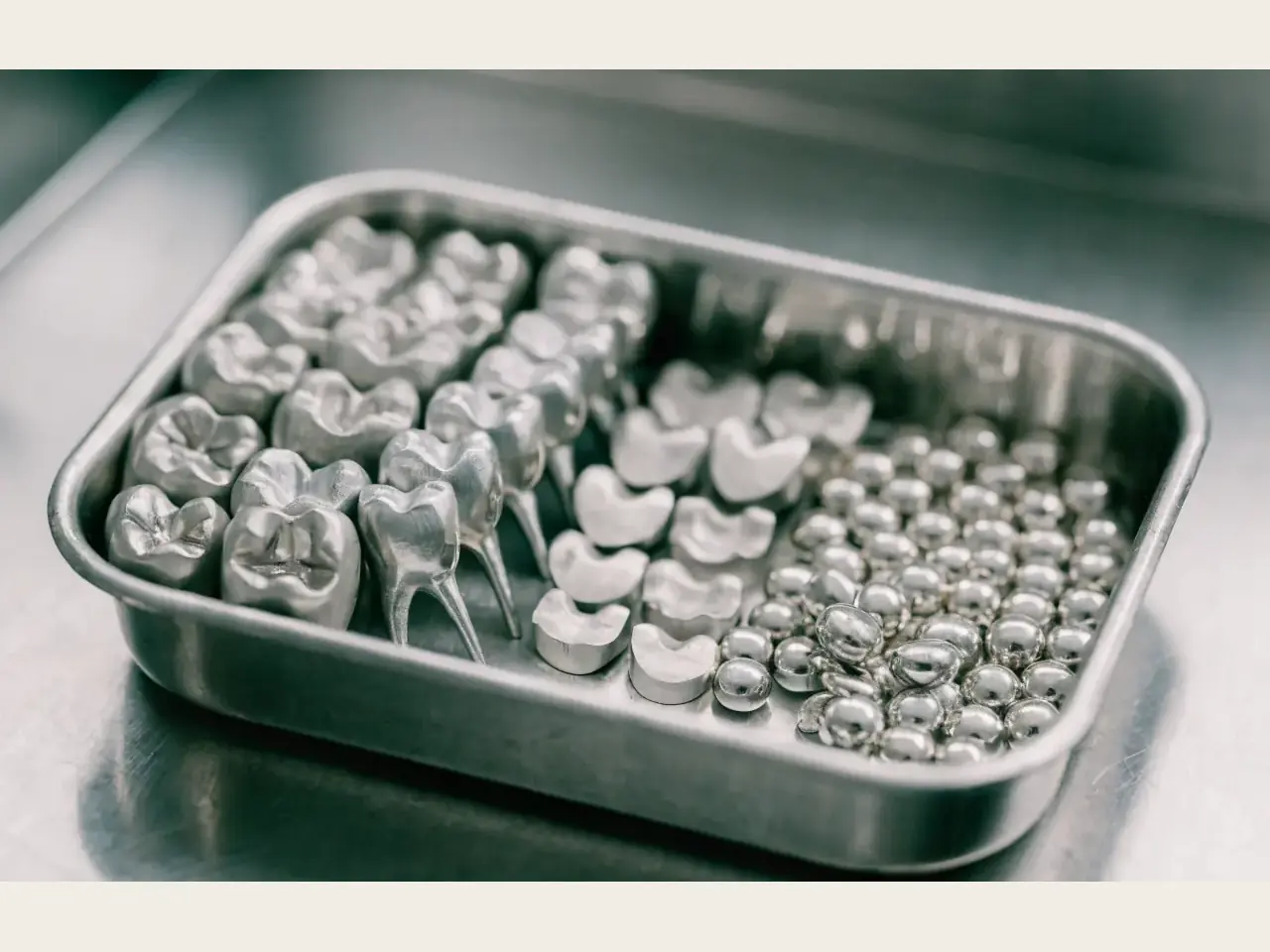 Clean dental alloy pieces sorted for a professional material review
