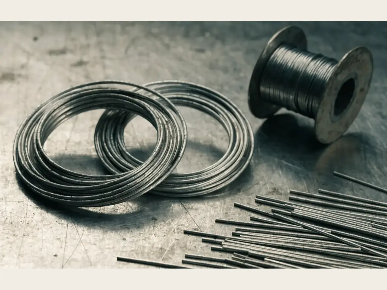 Silver solder rods, wire, and clean fabrication offcuts prepared for review